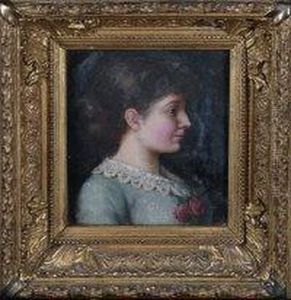 "viola" - A Bust Portrait Of A Young Woman In Profile Wearing A Corsage Of Roses by J. W Clark