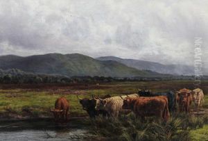 Highland Cattle Watering In A Landscape by Joseph Dixon Clark