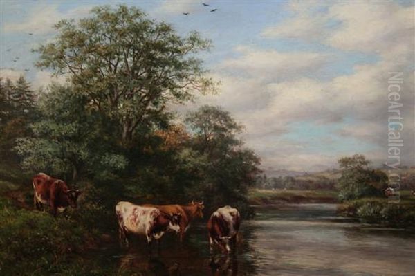 Cattle Watering In A River Landscape - view 1