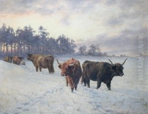 Highland Cattle In A Snowy Landscape by Joseph Dixon Clark