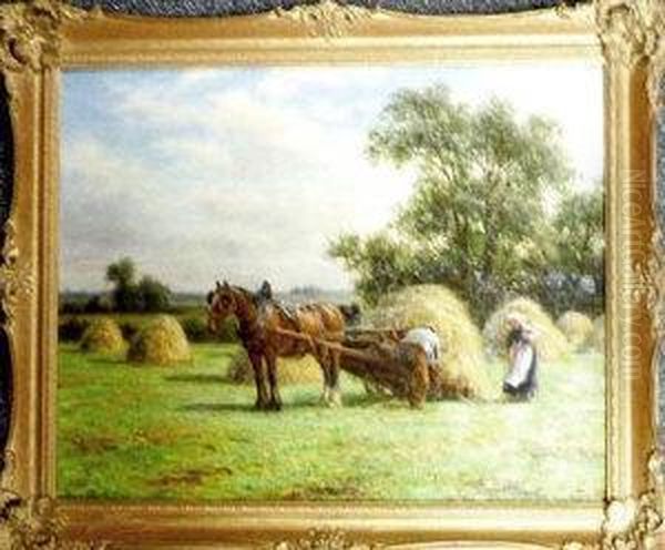 A Man And Woman Loading Hay Onto A Cart - view 1