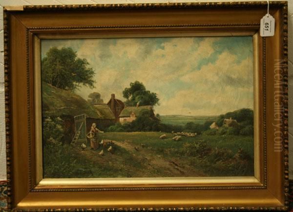 Female Figure Feeding Chickens In Farmyard - view 1
