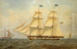 A Two Master And Other Vessels Off A Headland, Signed Oil On Canvas, Laid Down, Dated 1837, 48x74cm