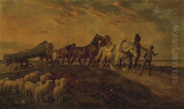 Horses Pulling Logs, Sheep Resting In The Foreground - view 1