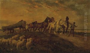 Horses Pulling Logs, Sheep Resting In The Foreground