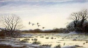 Ducks In Flight Over An Estuary In Winter by F. Clarke