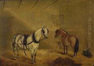 Horses In A Stable Interior by Frederick Clarke