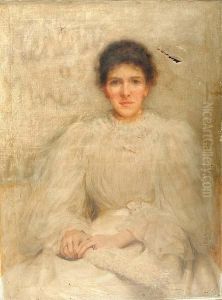 Portrait, Three Quarter Length, Of A Seated Lady Wearing A White Dress, Holding A Fan