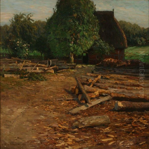 A Man Chopping Wood In Front Of A Country House - view 1