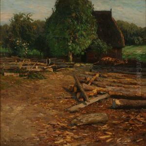 A Man Chopping Wood In Front Of A Country House by Wilhelm Ludwig H. Claudius