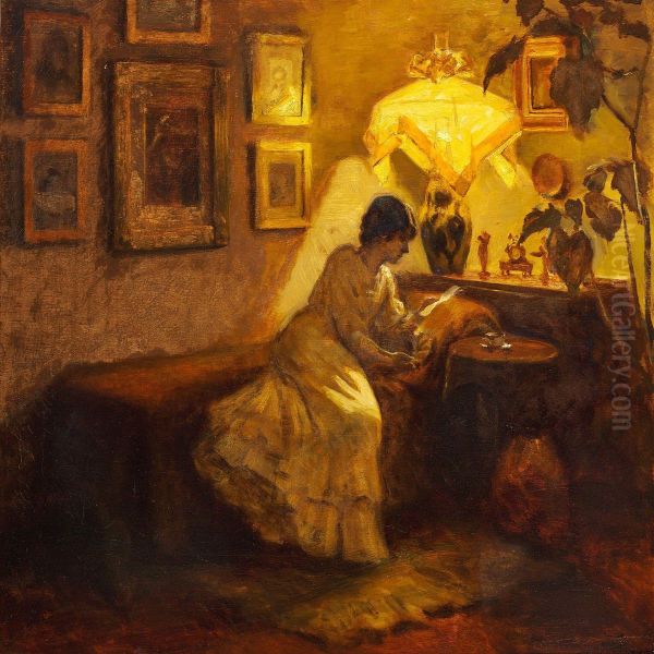 Young Girl Reading By Lamp Light - view 1