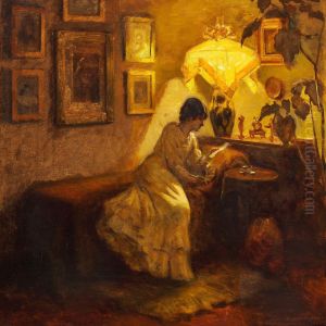 Young Girl Reading By Lamp Light by Christian Clausen
