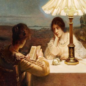 Interior With Twowomen At A Table By Lamp Light