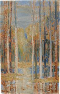 Indiana Landscape With Birches And Forest Stream by Charles H Clawson