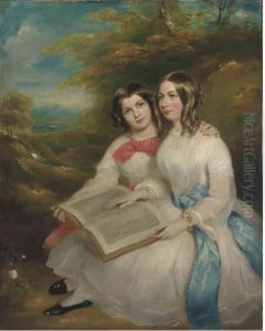 Portrait Of Rebecca And Gertrude Bates, Seated Full-length, Inwhite Dresses, With An Album Of Drawings On Their Laps, In A Woodedlandscape by Marshall Claxton