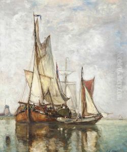 Barges Moored Before A Windmill by Paul-Jean Clays