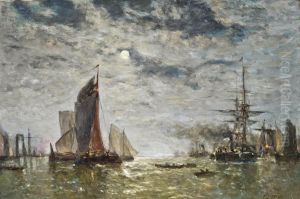 Vessels Moored Under The Moon by Paul-Jean Clays