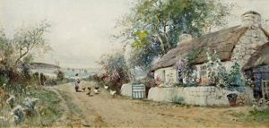 Girl Feeding Chickens Before A Cottage, Colby, Isle Of Man