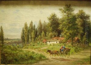Chariot Attele Sur Fond De Paysage by Henry Cleenewerck