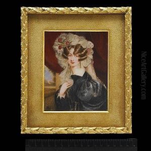 Miss Cynthia Harcourt, Wearing Dark Purple Dress With Voluminous Sleeve, Lorgnette On Fine Gold Chain, White Lace Headdress With Veil And Decorated With Cerise Flowers, Pendent Gold Earrings, Her Right Hand Raised To Her Chest, Red Curtain And Open Doorwa by Robertson Clemenentina