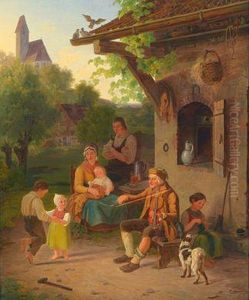 Abendliche Familienidylle Vor Dem Haus by Anton Clemens Evers