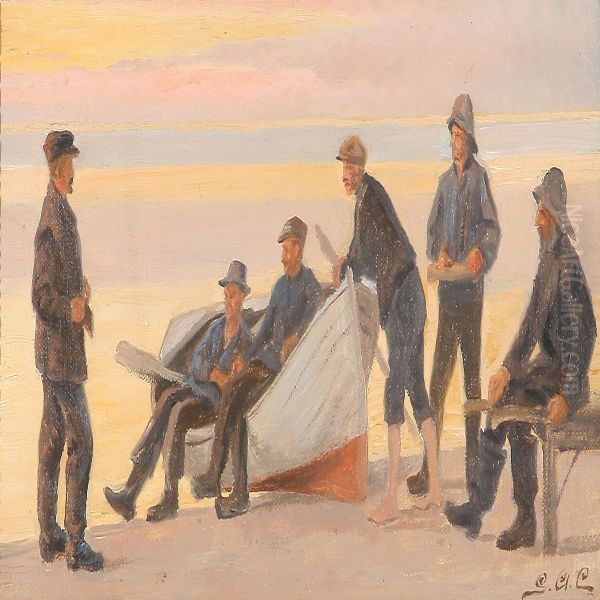 Beach Scene With Fishermen Around A Rowing Boat - view 1