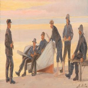 Beach Scene With Fishermen Around A Rowing Boat by Gustaf Adolf Clemens