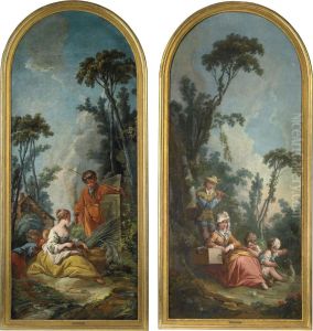 A Woman With Two Children And A Musician In A Wooded Landscape by Jean-Francois, Ganif Clermont