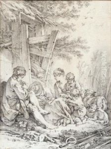 A Pastoral Scene With A Shepherd Playing A Pipe To A Young Mother, Her Children And A Sleeping Boy by Jean-Francois, Ganif Clermont