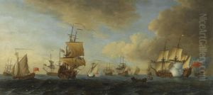 An English Frigate Under Sail Firing A Gun, With Shipping At Anchor And Under Sail by John the Younger Cleveley