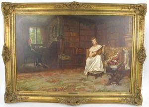 Oil On Canvaslibrary Scene With Young Woman Playing The Guitar by Edward Charles Clifford