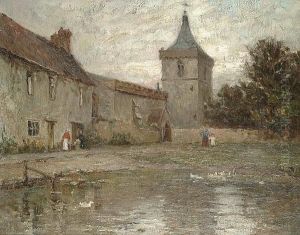 Figures Walking Near A Pond With A Church In The Background by Henry Charles Clifford