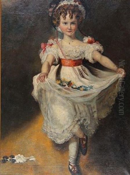 Full Length Portrait Of A Young Girl Wearing Lace Trimmed Dress And With Posy Of Flowers In Her Pannier - view 1