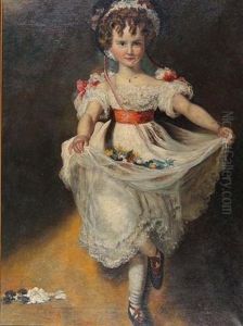 Full Length Portrait Of A Young Girl Wearing Lace Trimmed Dress And With Posy Of Flowers In Her Pannier by Robert Clifton