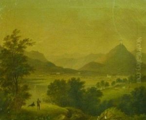 Fishermen On A River Bank 
 With Mountains Beyond
