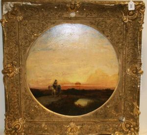 Figure Riding At Horse With Sun Setting Beyond by Alfred Clint