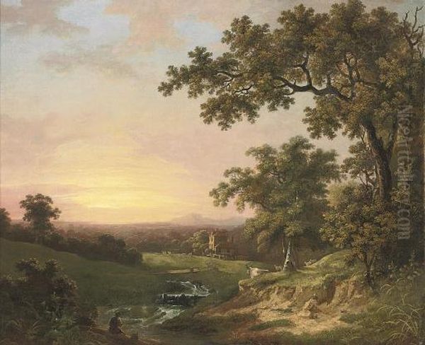 A Wooded River Landscape At Dusk, With An Angler In The Foreground And A Cottage Beyond - view 1