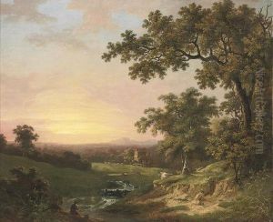 A Wooded River Landscape At Dusk, With An Angler In The Foreground And A Cottage Beyond by George Clint
