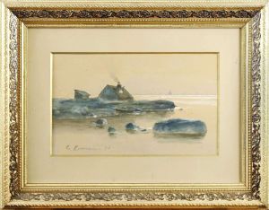Kustbild Med Stuga by Gustave Adolf Closs