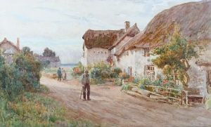 A Village Lane With Figures Before Thatchedcottages And Gardens by Tom Clough