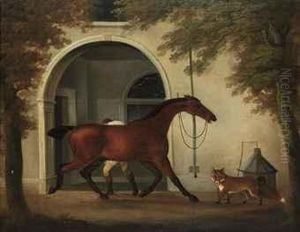 A Groom Rubbing Down A Hunter Outside A Stable, With A Foxnearby