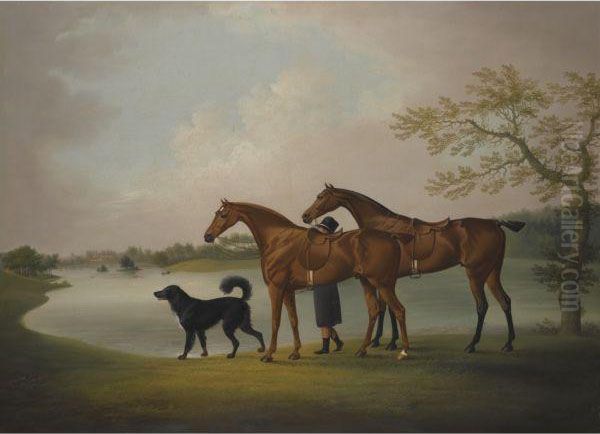 Hunters Held By A Groom, With A Newfoundland Dog, By Alake - view 1