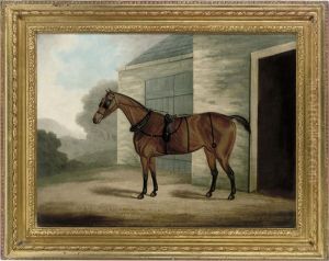 A Bridled Chestnut Horse By A Stable by Henry Clowes