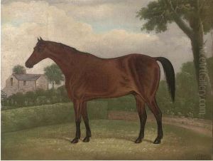 A Bay Hunter In A Landscape, A House Beyond by Henry Clowes