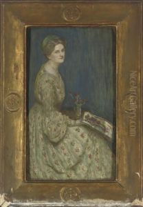 Portrait Of A Lady, Seated Three-quarter-length, In A Floral Dress, An Oriental Print In Her Right Hand
