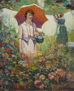 Lady In Pink With A Parasol In A Flower Garden by Frank Coburn