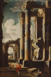 A) Capriccio Architettonico Con Astanti E Cavallo B) Capriccio Archietettonico Con Astanti Vari by Leonardo Coccorant