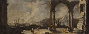 Marina Con Rovine Di Edifici Classici, Una Fontana, Imbarcazioni E Astanti by Leonardo Coccorant