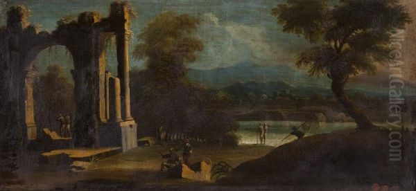Rovine Di Un Edificio Classico Nei Pressi Di Un Lago Con Colline Sullo Sfondo - view 1
