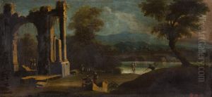 Rovine Di Un Edificio Classico Nei Pressi Di Un Lago Con Colline Sullo Sfondo by Leonardo Coccorant